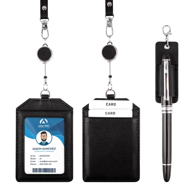 boshiho Office Badge Holder - Boshiho Genuine Leather Credit ID Card Holder with Stretch Neck Lanyard Vertical Style (Black) - Image 3